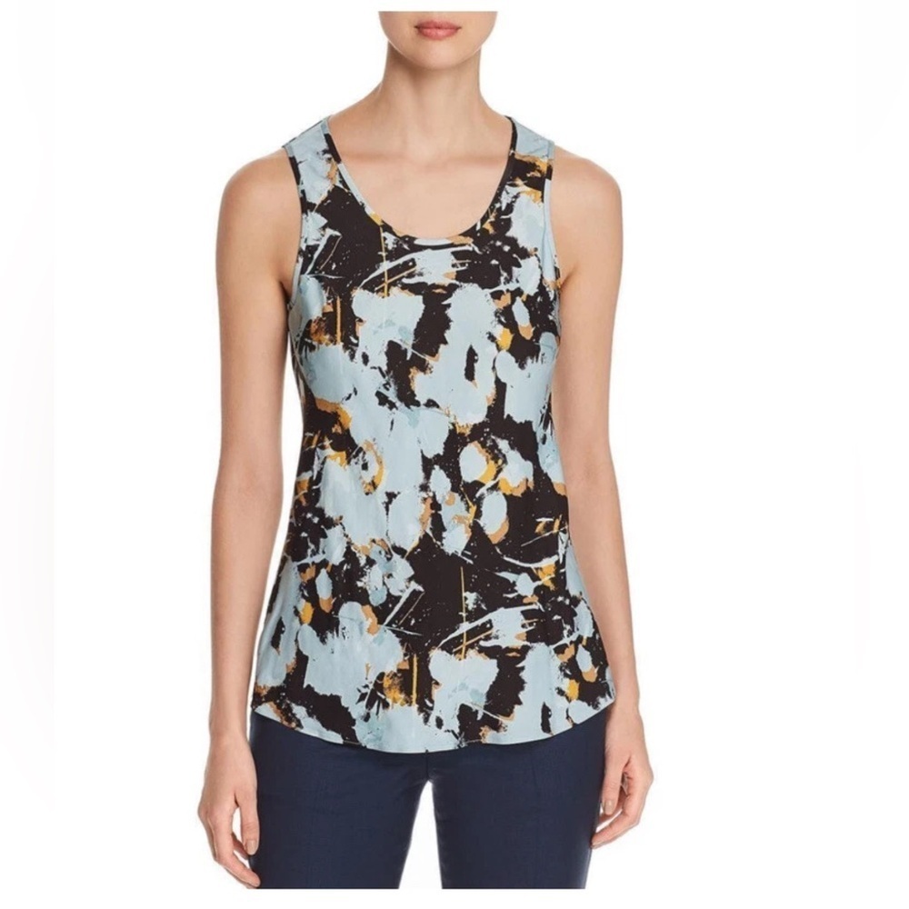 NWT $228 BOSS Hugo Boss Womens Blue Printed Hi-Low Tee Tank Top Size 6